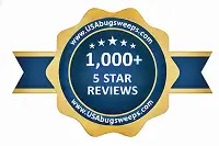 Award seal for USAbugsweeps achieving over 1,000 five-star handwritten reviews for TSCM and bug sweeping services